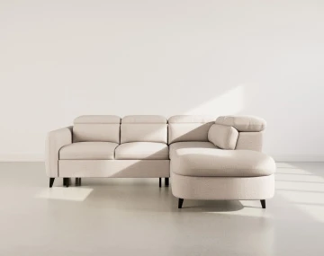 Canapé d'angle droit 5 places convertible avec têtières et coffre en tissu texturé Opaline