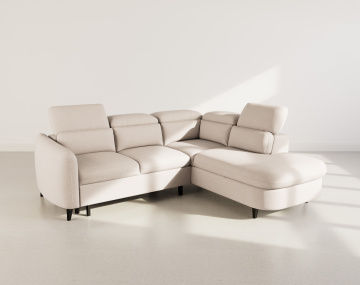 Canapé d'angle droit 5 places convertible avec têtières et coffre en tissu texturé Opaline