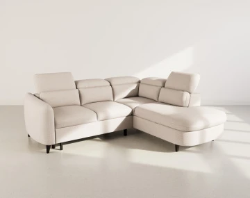 Canapé d'angle droit 5 places convertible avec têtières et coffre en tissu texturé Opaline