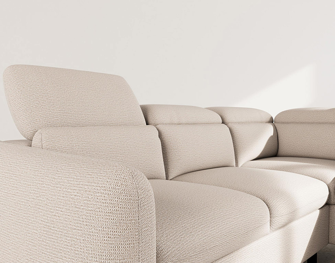 Canapé d'angle droit 5 places convertible avec têtières et coffre en tissu texturé Opaline