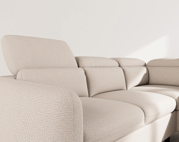 Canapé d'angle droit 5 places convertible avec têtières et coffre en tissu texturé Opaline