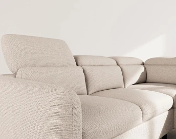 Canapé d'angle droit 5 places convertible avec têtières et coffre en tissu texturé Opaline