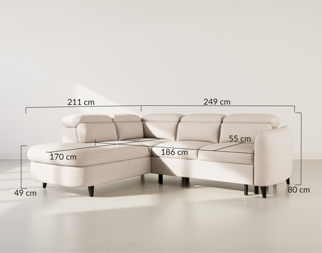 Canapé d'angle gauche 5 places convertible avec têtières et coffre en tissu texturé Opaline