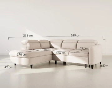 Canapé d'angle gauche 5 places convertible avec têtières et coffre en tissu texturé Opaline