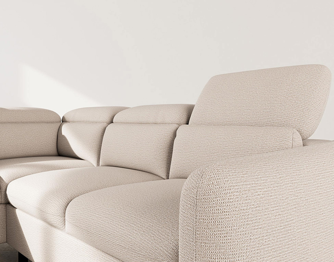 Canapé d'angle gauche 5 places convertible avec têtières et coffre en tissu texturé Opaline