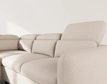 Canapé d'angle gauche 5 places convertible avec têtières et coffre en tissu texturé Opaline