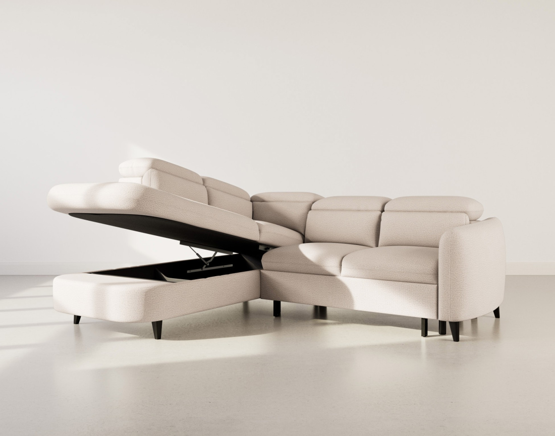 Canapé d'angle gauche 5 places convertible avec têtières et coffre en tissu texturé Opaline