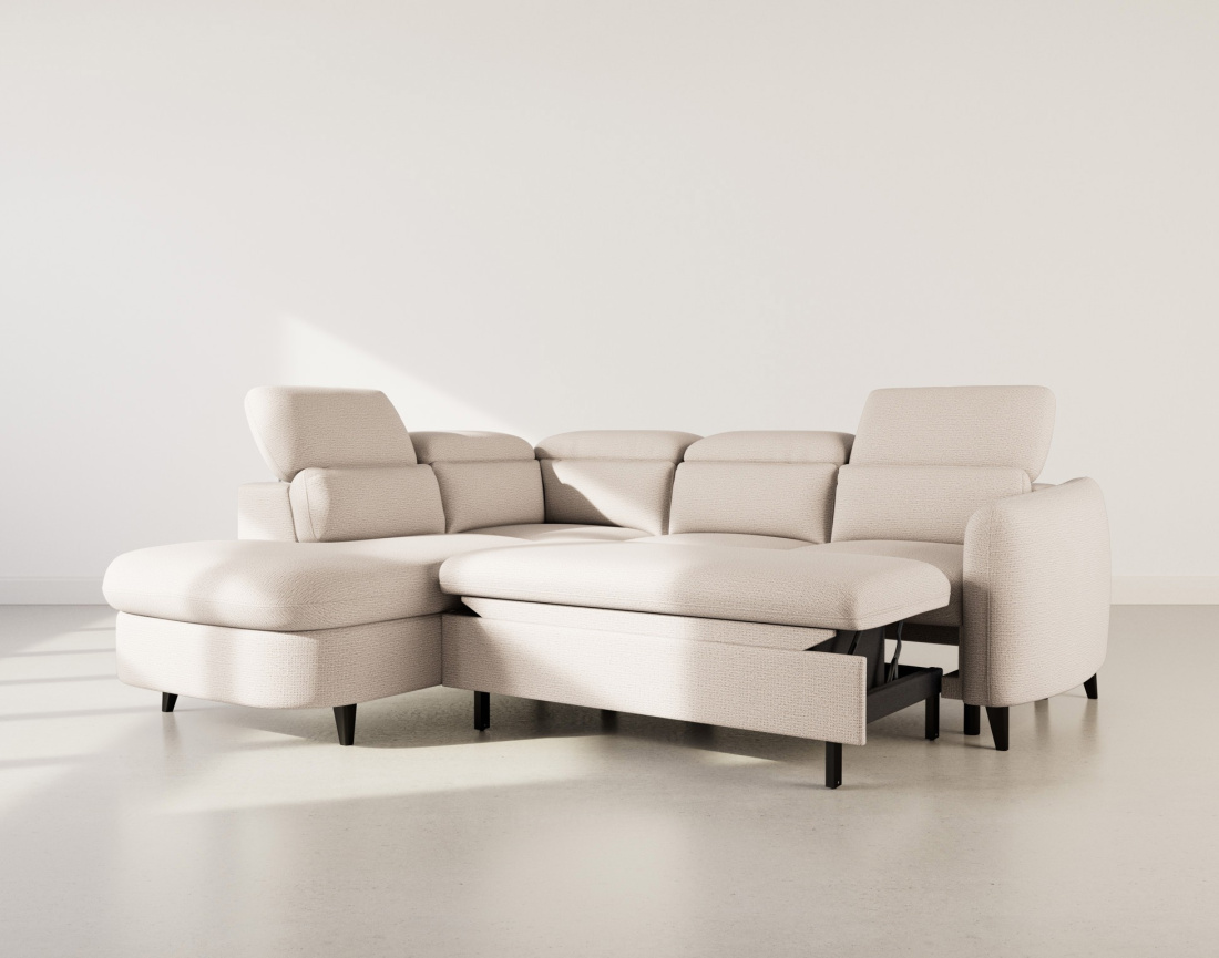 Canapé d'angle gauche 5 places convertible avec têtières et coffre en tissu texturé Opaline
