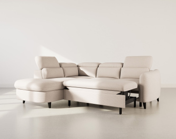 Canapé d'angle gauche 5 places convertible avec têtières et coffre en tissu texturé Opaline