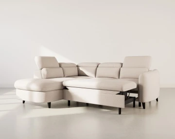 Canapé d'angle gauche 5 places convertible avec têtières et coffre en tissu texturé Opaline