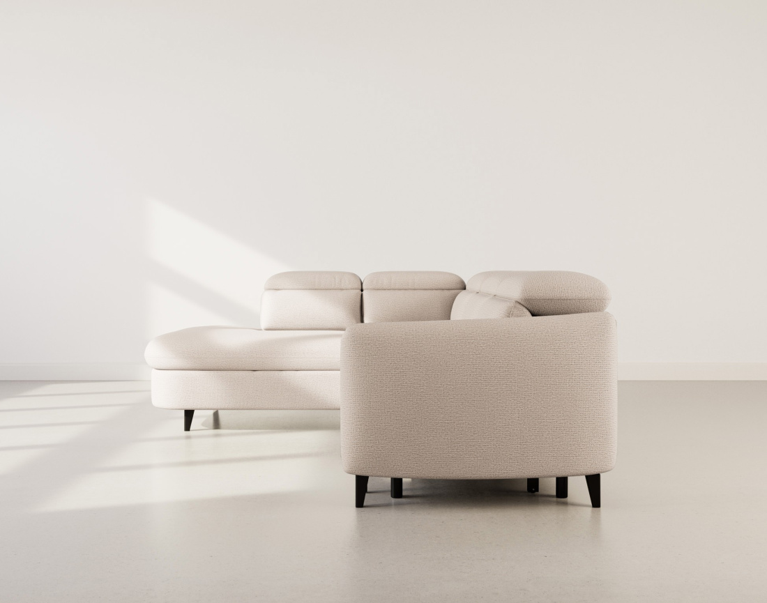 Canapé d'angle gauche 5 places convertible avec têtières et coffre en tissu texturé Opaline