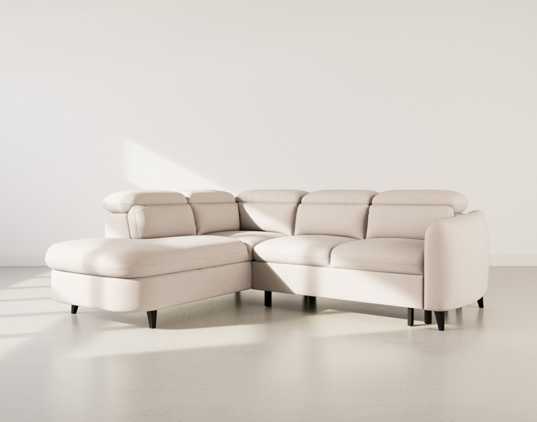 Canapé d'angle gauche 5 places convertible avec têtières et coffre en tissu texturé Opaline