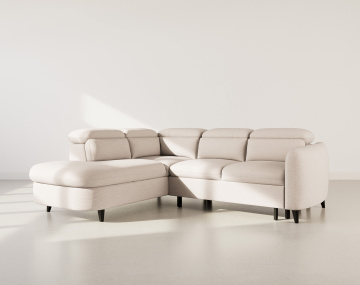 Canapé d'angle gauche 5 places convertible avec têtières et coffre en tissu texturé Opaline
