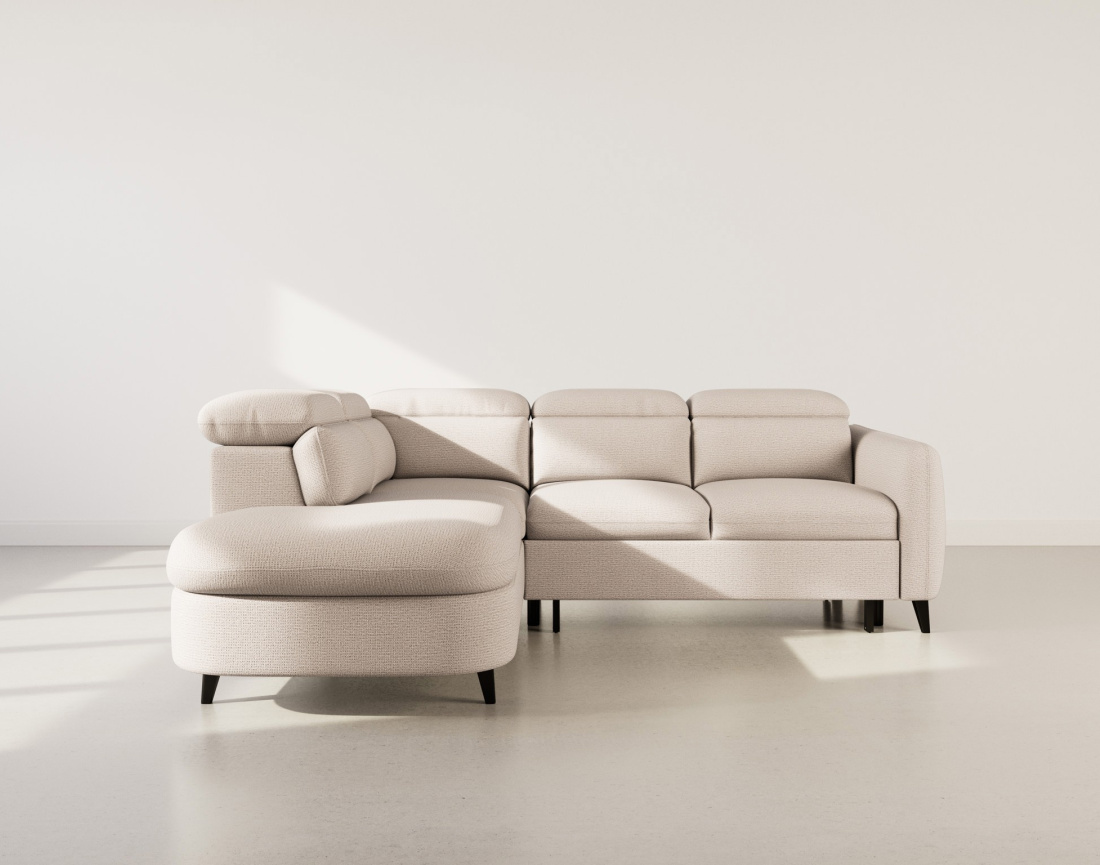 Canapé d'angle gauche 5 places convertible avec têtières et coffre en tissu texturé Opaline