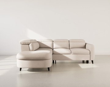 Canapé d'angle gauche 5 places convertible avec têtières et coffre en tissu texturé Opaline