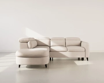Canapé d'angle gauche 5 places convertible avec têtières et coffre en tissu texturé Opaline