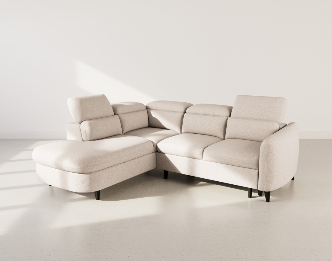 Canapé d'angle gauche 5 places convertible avec têtières et coffre en tissu texturé Opaline