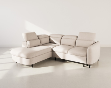 Canapé d'angle gauche 5 places convertible avec têtières et coffre en tissu texturé Opaline