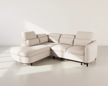 Canapé d'angle gauche 5 places convertible avec têtières et coffre en tissu texturé Opaline
