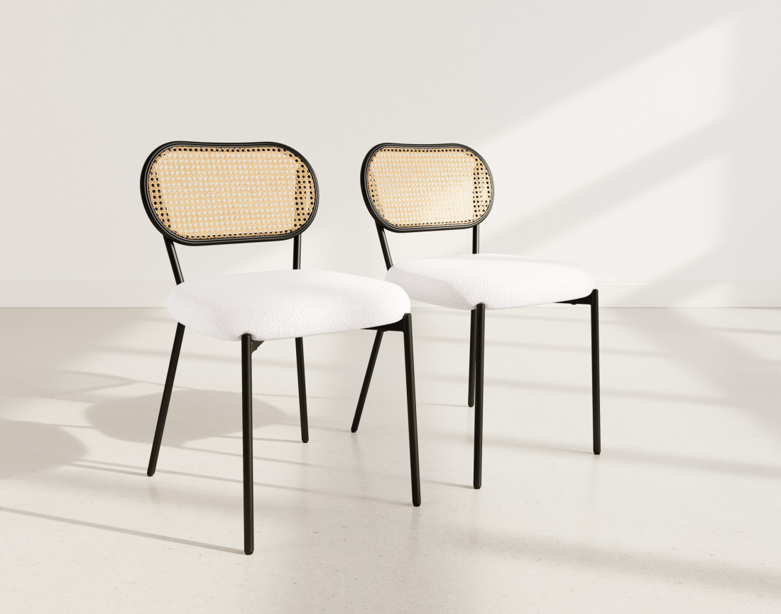 Lot de 2 chaises cannage dossier arrondi en tissu bouclette Luciano