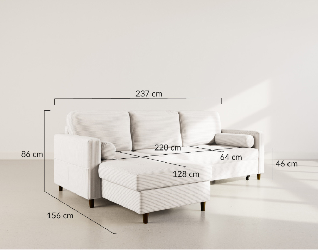 Canapé d'angle réversible 4 places convertible avec coffre en velours côtelé Marceau
