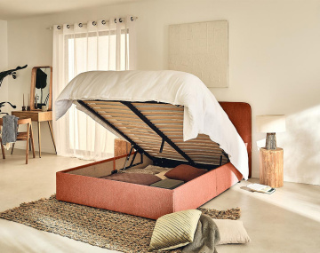 Lit coffre 140x190 cm avec sommier inclus en tissu Goyave