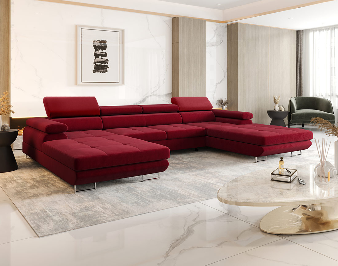 Canapé panoramique en U 7 places convertible avec coffre et têtières réglables en tissu Ayden