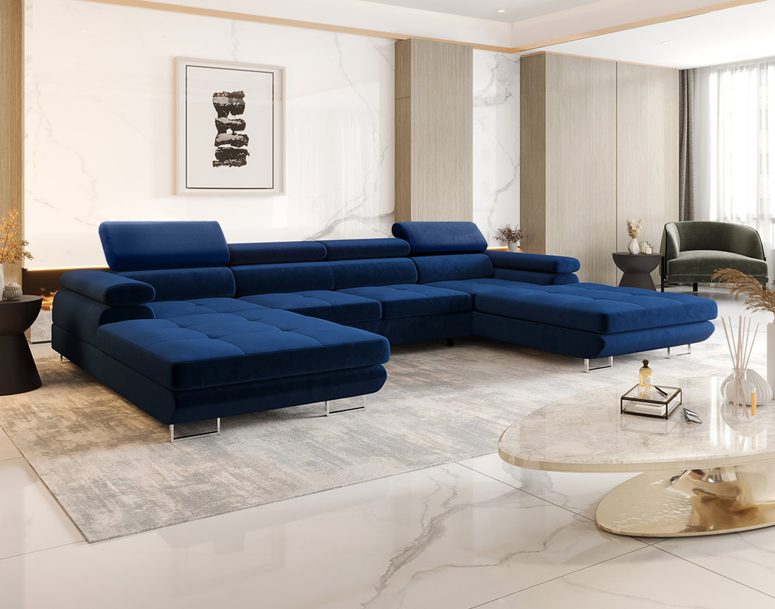 Canapé panoramique en U 7 places convertible avec coffre et têtières réglables en tissu Ayden