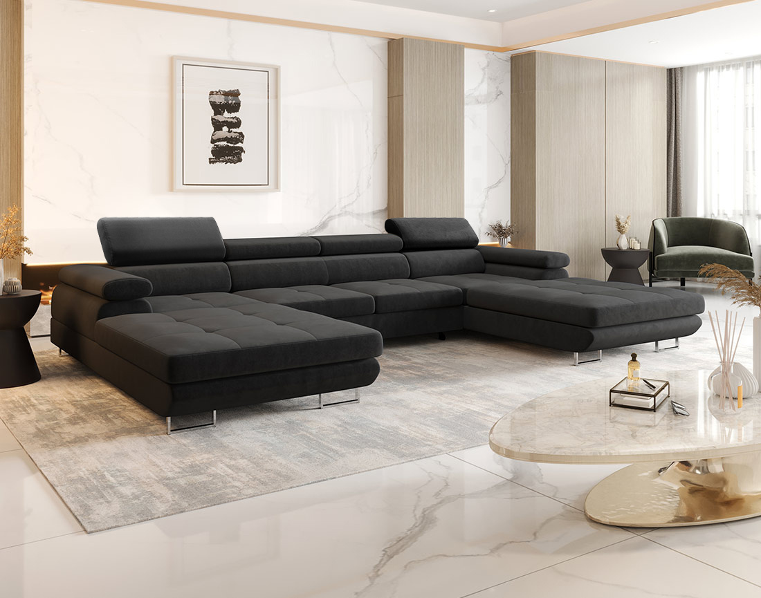 Canapé panoramique en U 7 places convertible avec coffre et têtières réglables en tissu Ayden