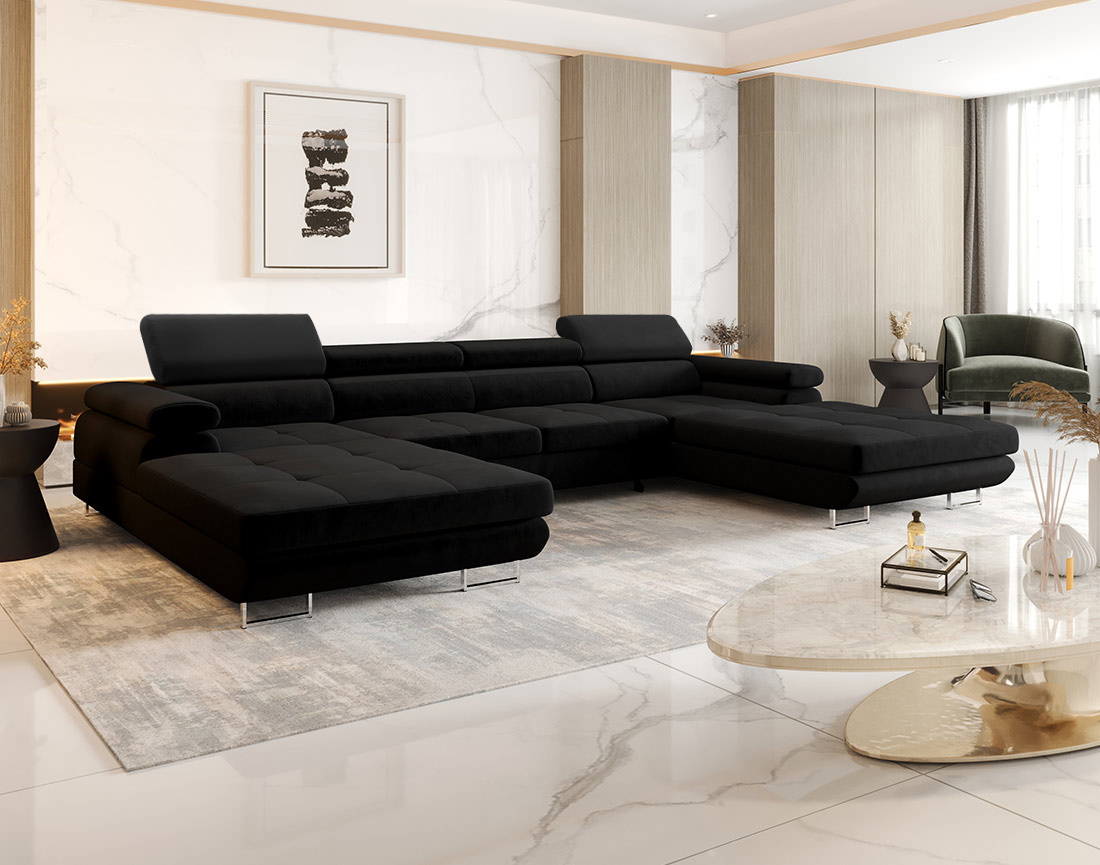 Canapé panoramique en U 7 places convertible avec coffre et têtières réglables en tissu Ayden