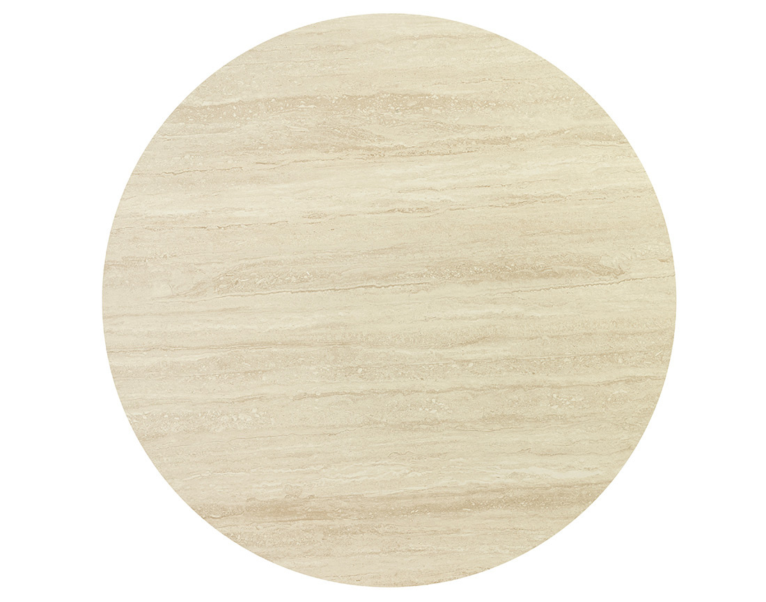 Table à manger ronde effet bois plateau effet travertin 6 personnes Freya