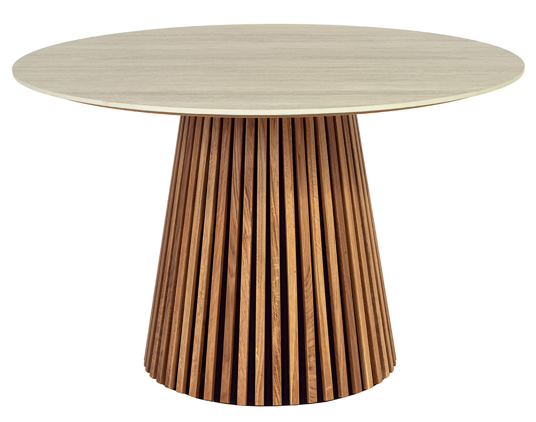 Table à manger ronde effet bois plateau effet travertin 6 personnes Freya