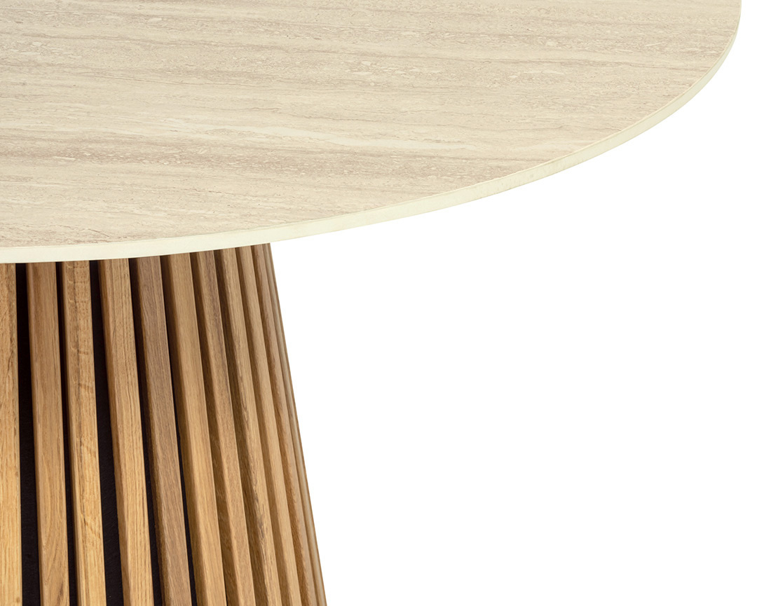 Table à manger ronde effet bois plateau effet travertin 6 personnes Freya