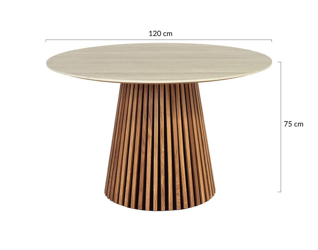 Table à manger ronde effet bois plateau effet travertin 6 personnes Freya