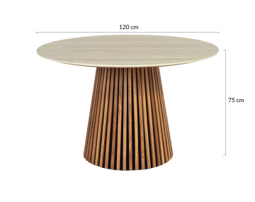 Table à manger ronde effet bois plateau effet travertin 6 personnes Freya
