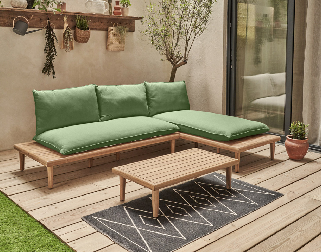 Salon bas de jardin avec coussins vert 4 places + table en bois d'acacia FSC® 100% Papeete