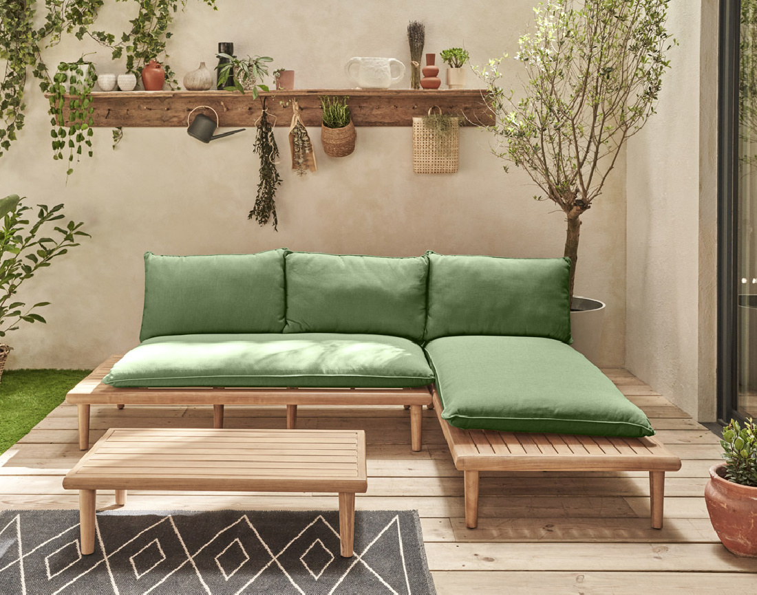 Salon bas de jardin avec coussins vert 4 places + table en bois d'acacia FSC® 100% Papeete