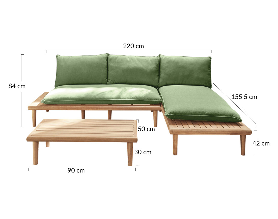 Salon bas de jardin avec coussins vert 4 places + table en bois d'acacia FSC® 100% Papeete