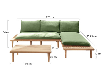 Salon bas de jardin avec coussins vert 4 places + table en bois d'acacia FSC® 100% Papeete