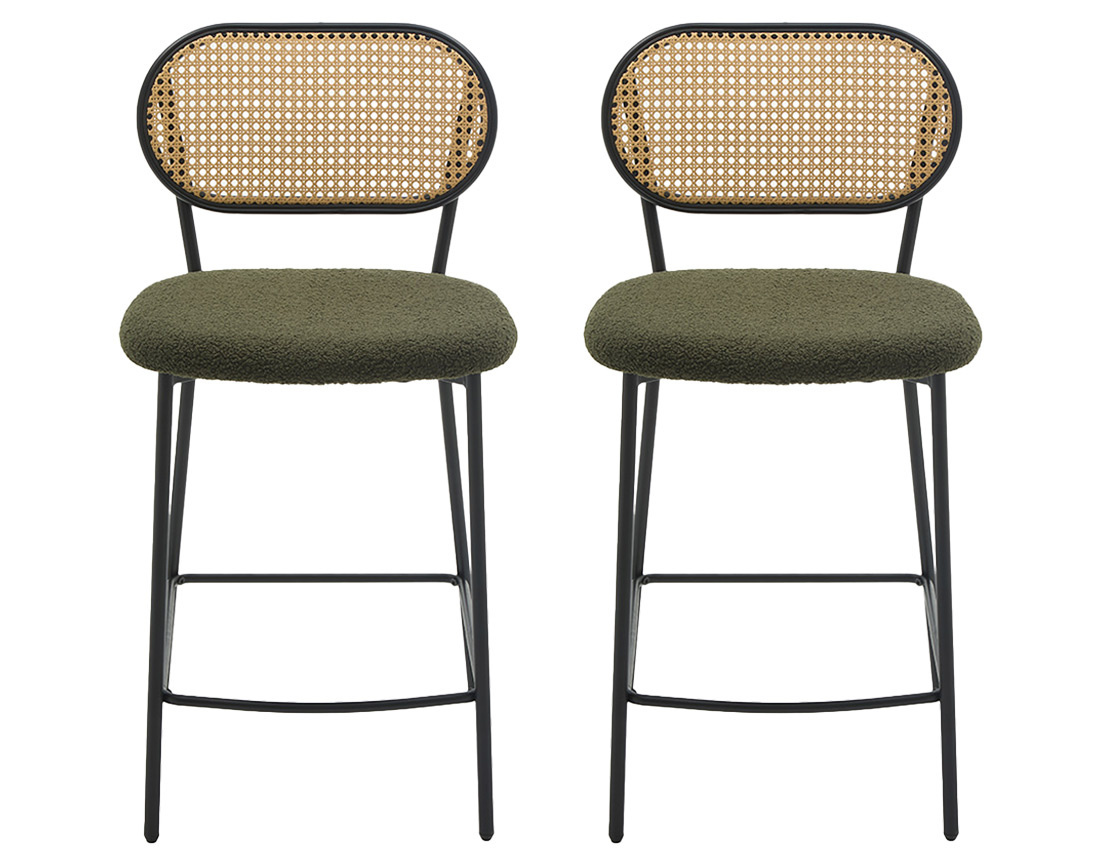 Lot de 2 tabourets cannage dossier arrondi en tissu bouclette Luciano