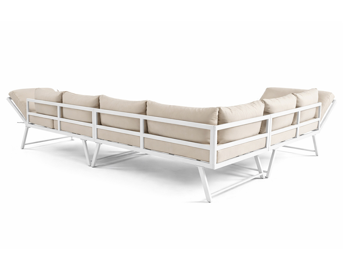 Salon de jardin d’angle en acier blanc 5 places coussin beige et table incluse Konna