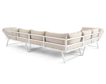Salon de jardin d’angle en acier blanc 5 places coussin beige et table incluse Konna