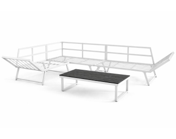 Salon de jardin d’angle en acier blanc 5 places coussin beige et table incluse Konna