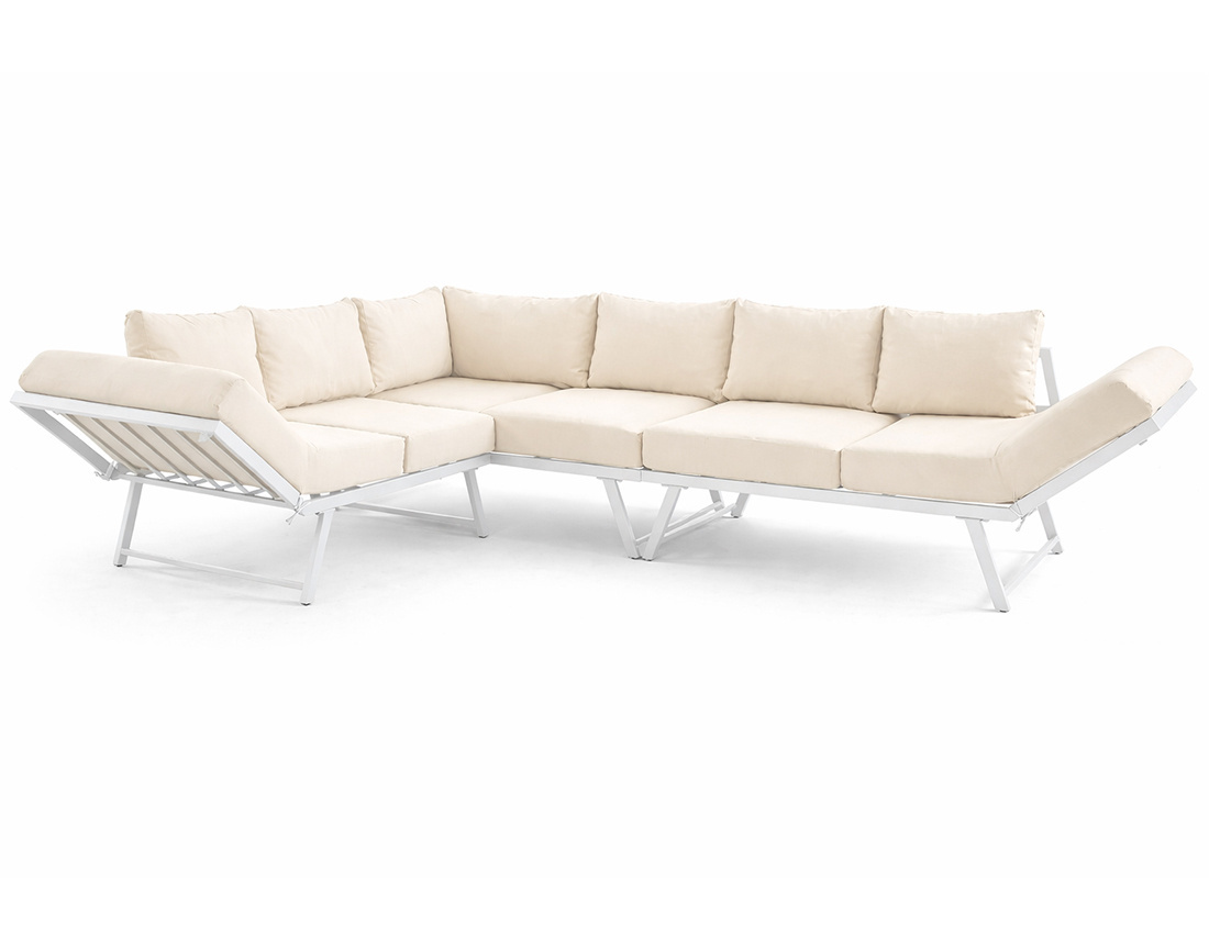 Salon de jardin d’angle en acier blanc 5 places coussin beige et table incluse Konna