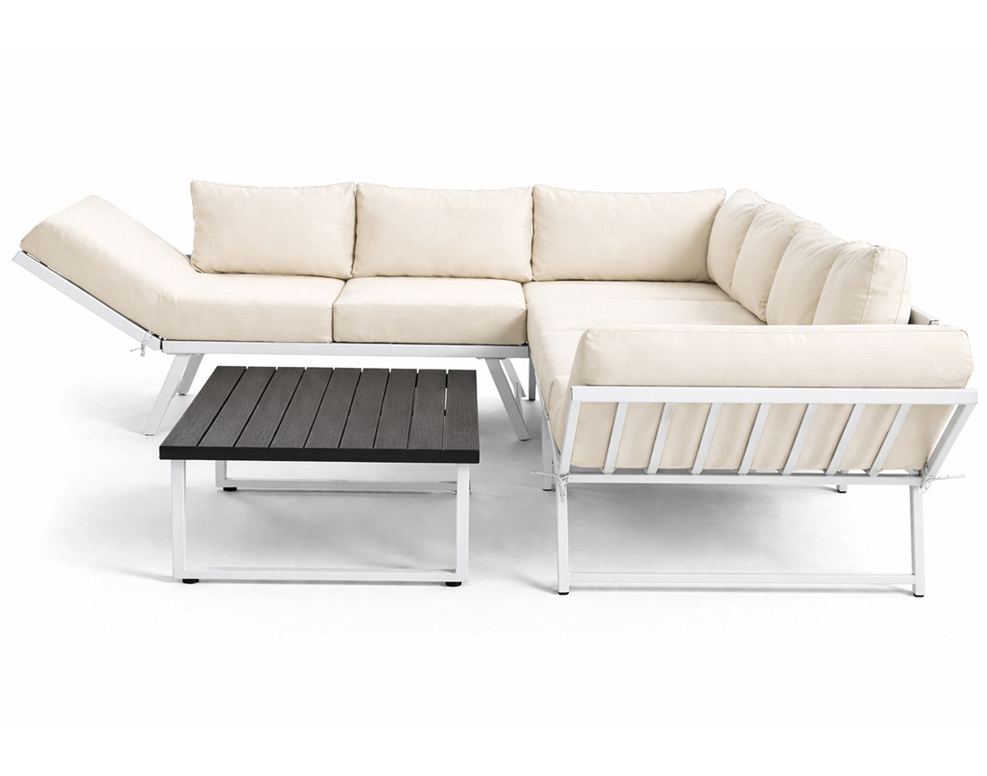 Salon de jardin d’angle en acier blanc 5 places coussin beige et table incluse Konna