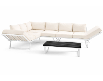 Salon de jardin d’angle en acier blanc 5 places coussin beige et table incluse Konna