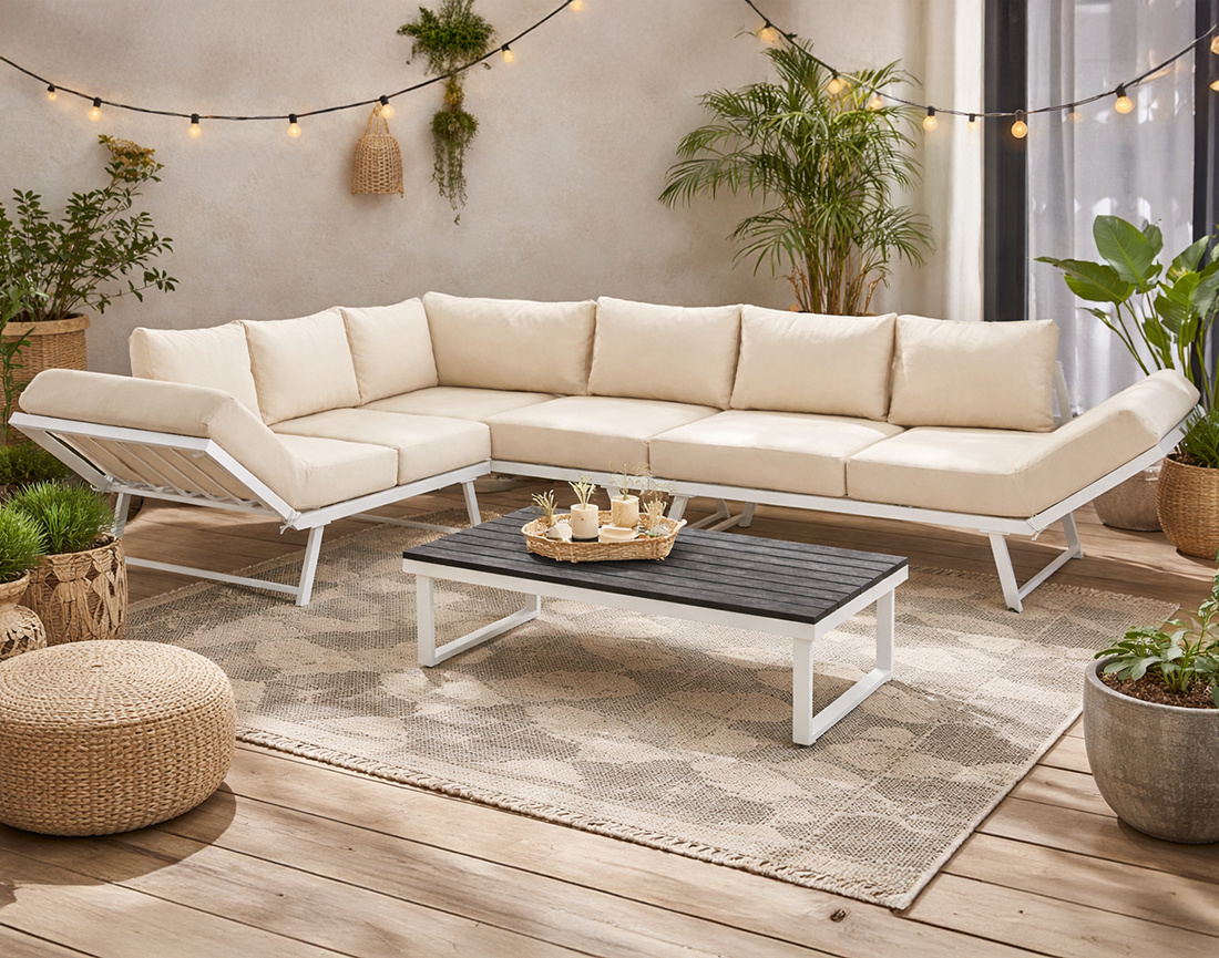 Salon de jardin d’angle en acier blanc 5 places coussin beige et table incluse Konna