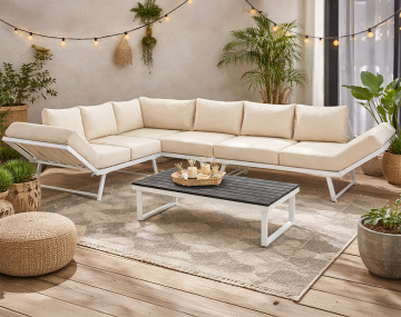 Salon de jardin d’angle en acier blanc 5 places coussin beige et table incluse Konna