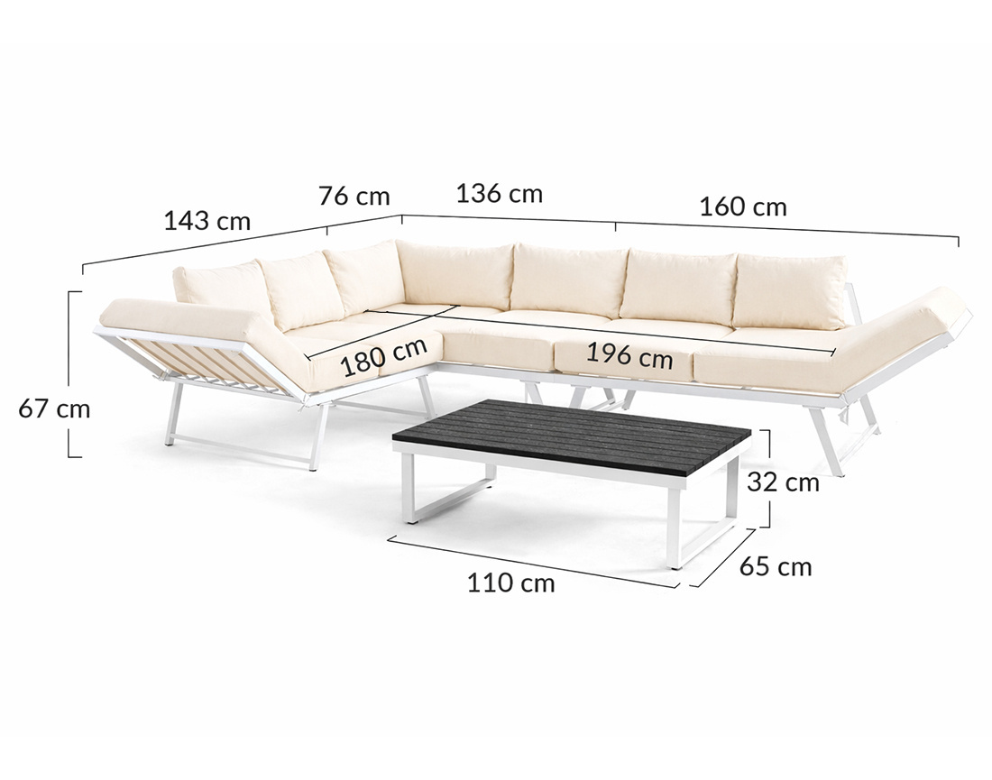 Salon de jardin d’angle en acier blanc 5 places coussin beige et table incluse Konna
