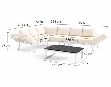 Salon de jardin d’angle en acier blanc 5 places coussin beige et table incluse Konna